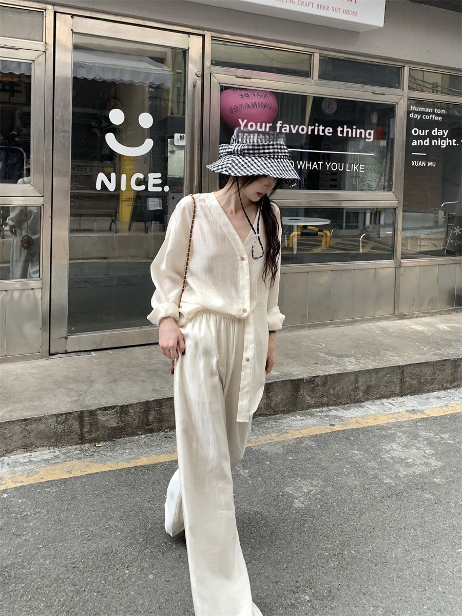 GraceChic 2025 Autunno Donna Stile Lazy Camicia a Maniche Lunghe con Scollo a V e Pantaloni Casual a Vita Alta Set Due Pezzi_voghion.com