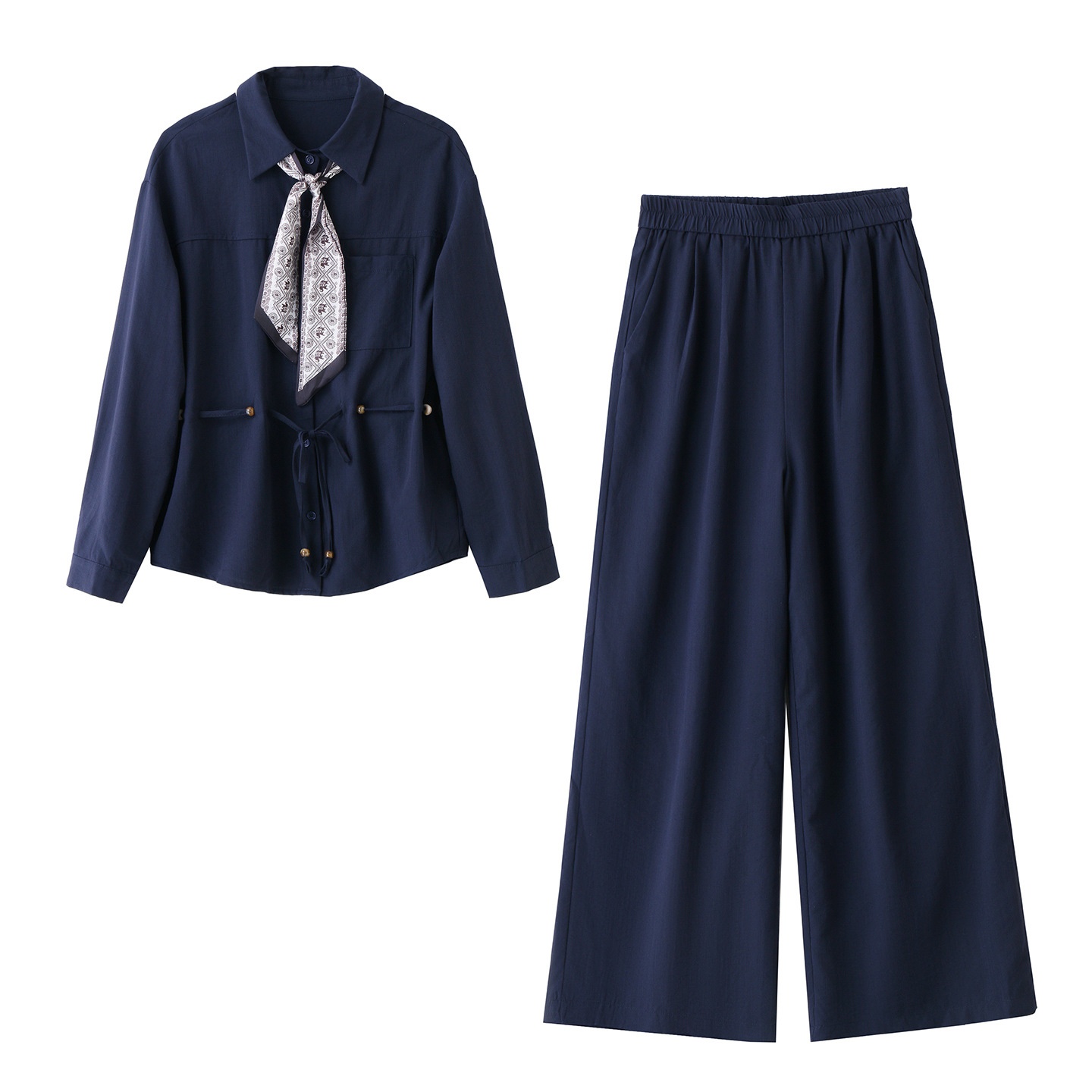 GraceChic 2025 New Women's Loose Slimming Shirt Elastic High Waist Belly Covering Age-Reducing Wide-Leg Pants Two-Piece Set MU8088_voghion.com