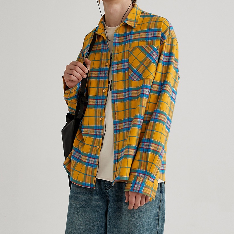 ForMen American Retro Yellow Plaid Shirt For Men, Spring And Autumn Long Sleeve Loose Casual Top With Design Sense_voghion.com