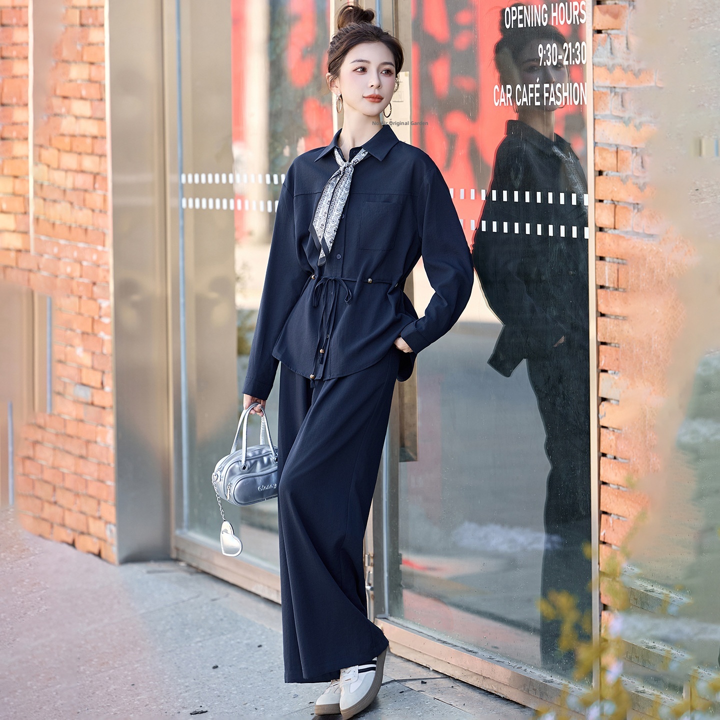 GraceChic 2025 New Women's Loose Slimming Shirt Elastic High Waist Belly Covering Age-Reducing Wide-Leg Pants Two-Piece Set MU8088_voghion.com