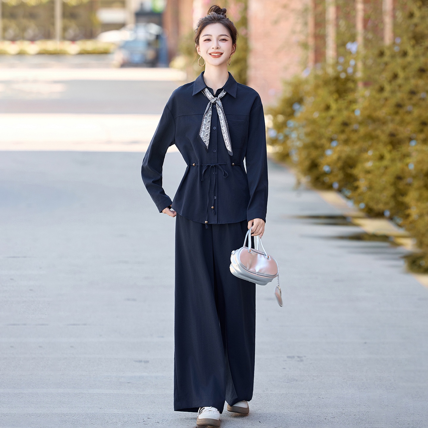 GraceChic 2025 New Women's Loose Slimming Shirt Elastic High Waist Belly Covering Age-Reducing Wide-Leg Pants Two-Piece Set MU8088_voghion.com