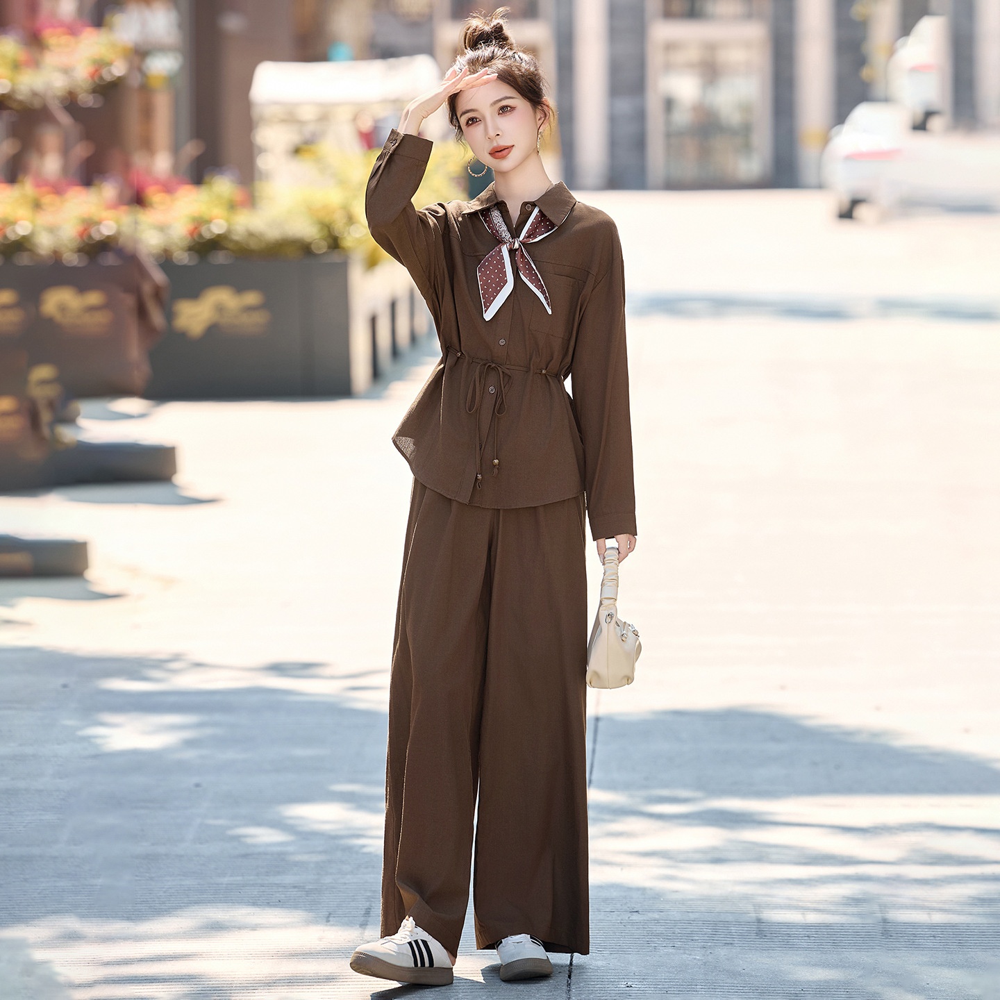 GraceChic 2025 New Women's Loose Slimming Shirt Elastic High Waist Belly Covering Age-Reducing Wide-Leg Pants Two-Piece Set MU8088_voghion.com