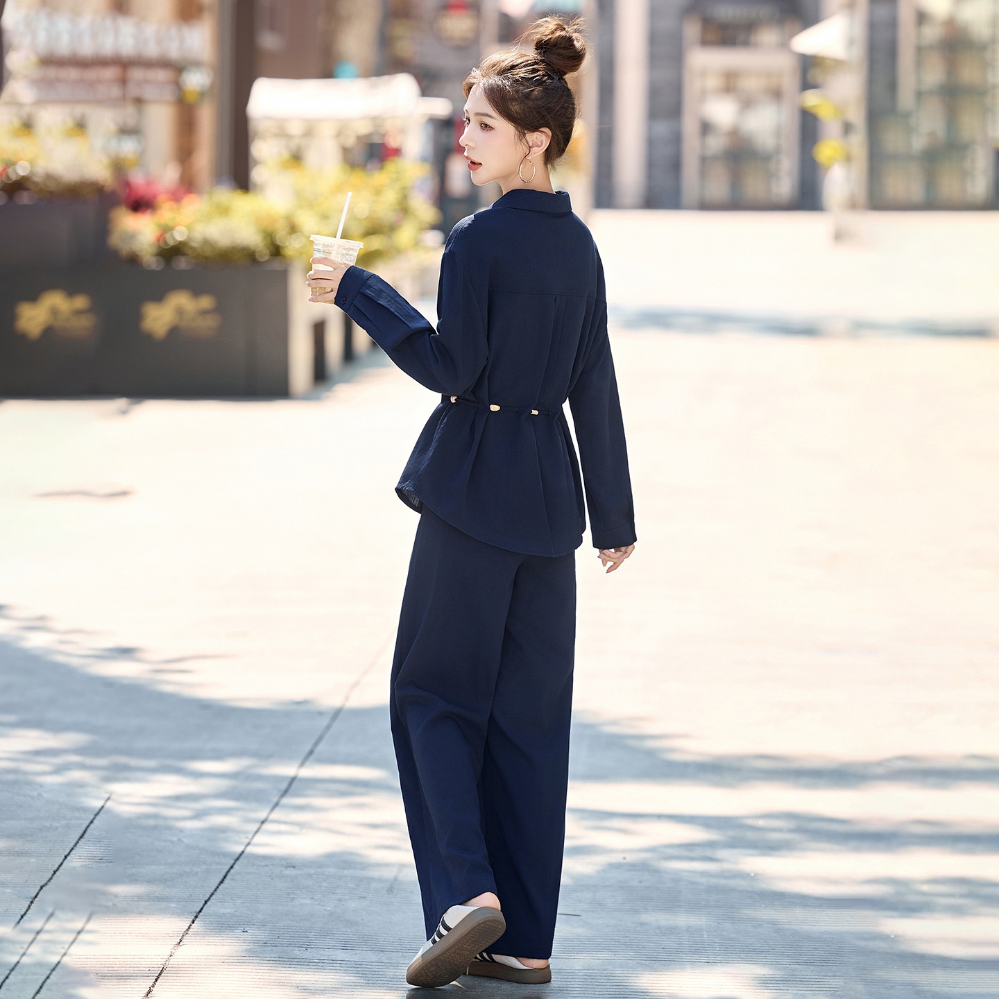 GraceChic 2025 New Women's Loose Slimming Shirt Elastic High Waist Belly Covering Age-Reducing Wide-Leg Pants Two-Piece Set MU8088_voghion.com