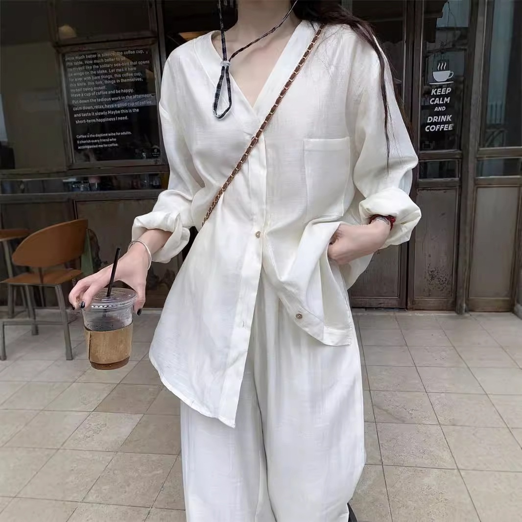 GraceChic 2025 Autunno Donna Stile Lazy Camicia a Maniche Lunghe con Scollo a V e Pantaloni Casual a Vita Alta Set Due Pezzi_voghion.com