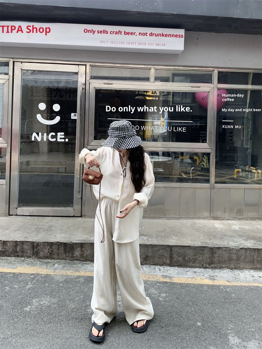 GraceChic 2025 Autunno Donna Stile Lazy Camicia a Maniche Lunghe con Scollo a V e Pantaloni Casual a Vita Alta Set Due Pezzi_voghion.com