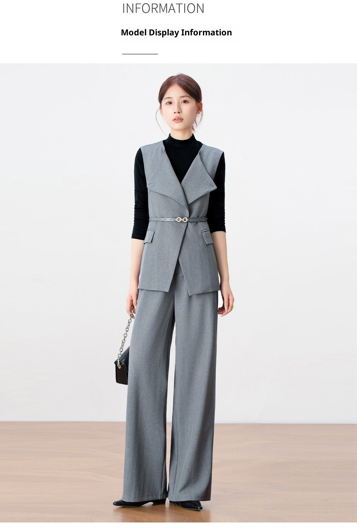 Ensemble trois pièces GraceChic Light High-End pour femme, collection automne 2025 : gilet gris, chemise et pantalon large._voghion.com