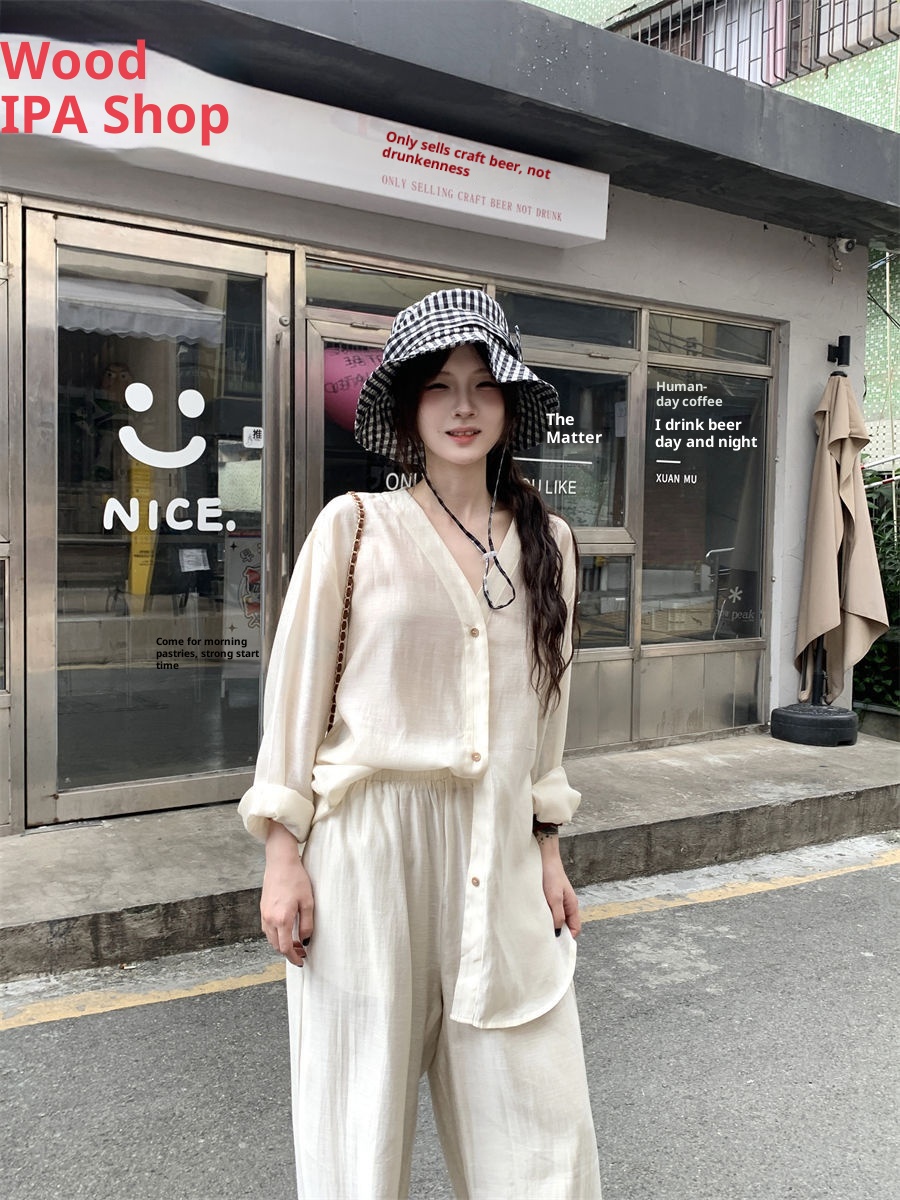 GraceChic 2025 Autunno Donna Stile Lazy Camicia a Maniche Lunghe con Scollo a V e Pantaloni Casual a Vita Alta Set Due Pezzi_voghion.com