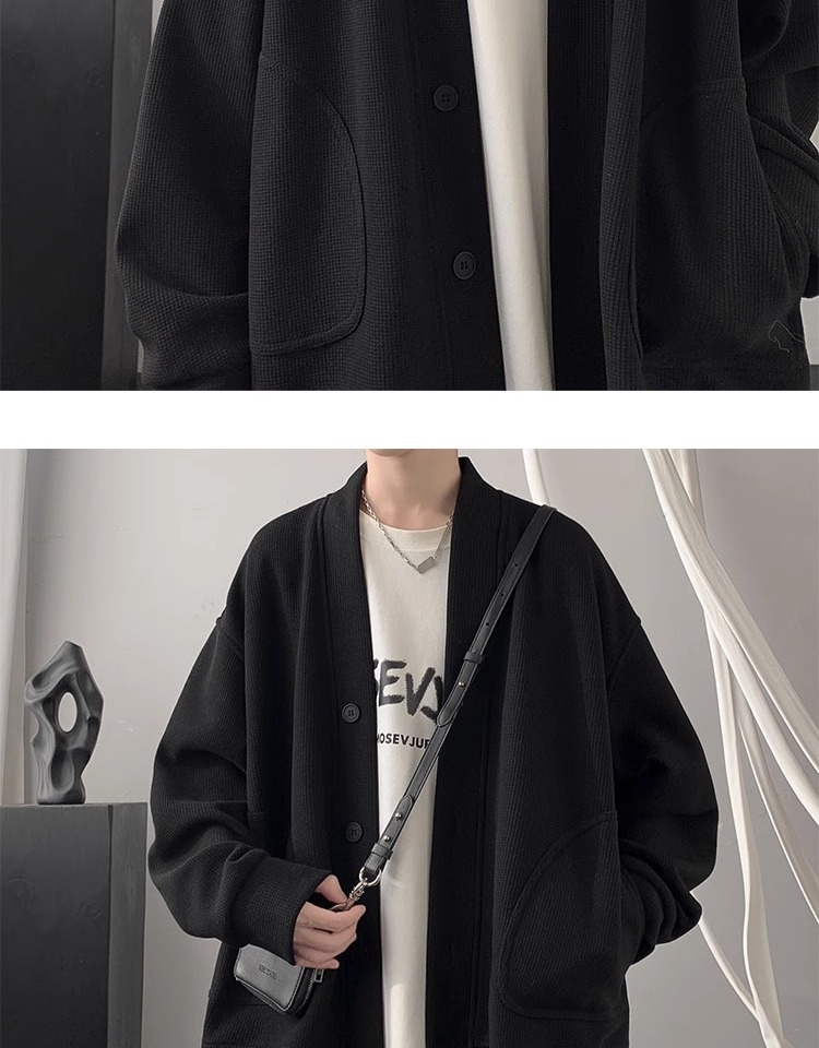 Jungen-Cardigan für Frühling und Herbst, schwere Ausführung, V-Ausschnitt, Waffelpiqué, locker geschnitten, trendige Marke, vielseitiger amerikanischer Stil_voghion.com