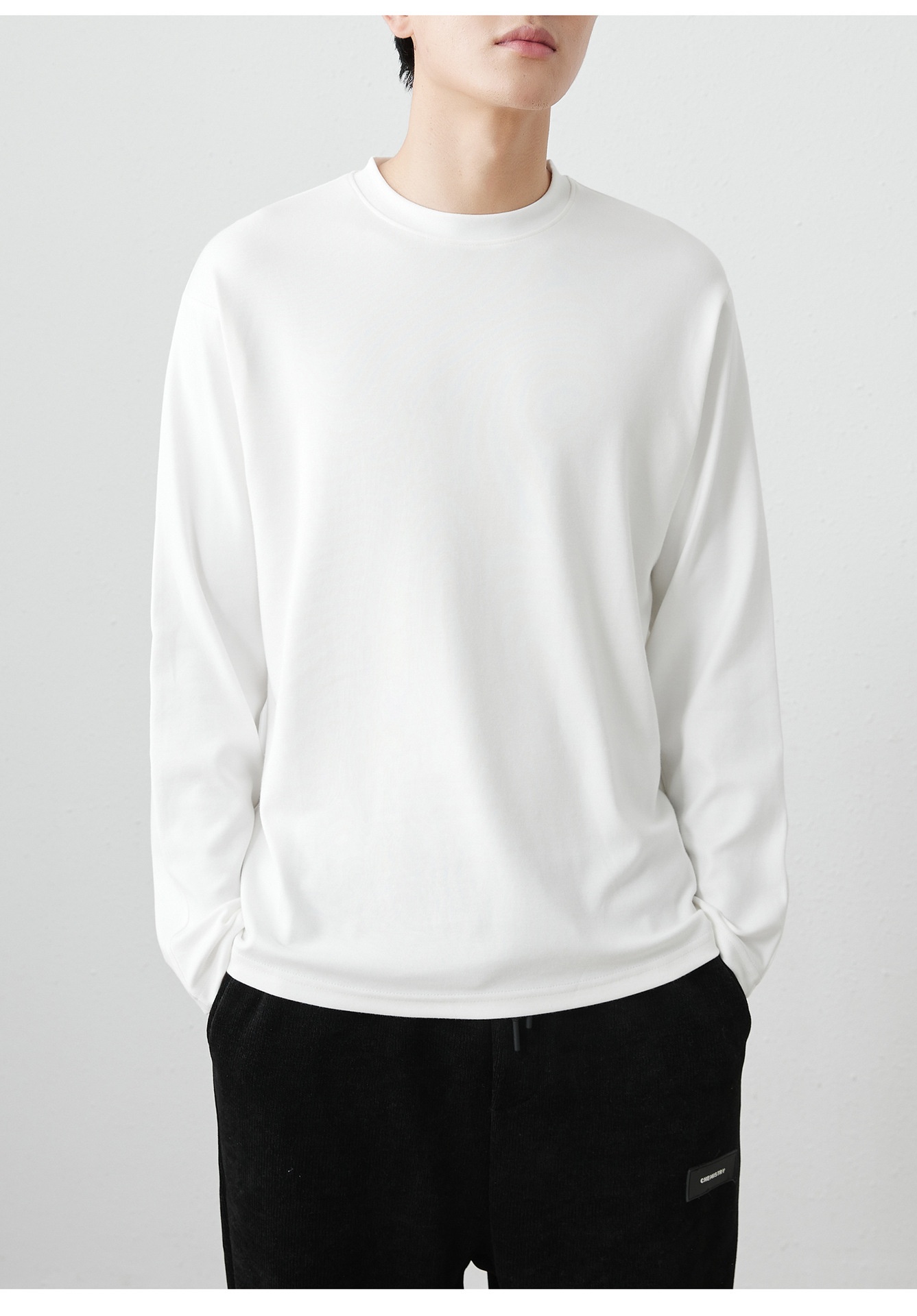 Herren-Langarmshirt aus 310 g gekämmter, hautfreundlicher, weißer, dicker Baumwolle (Frühling/Herbst 2025), einfarbig_voghion.com