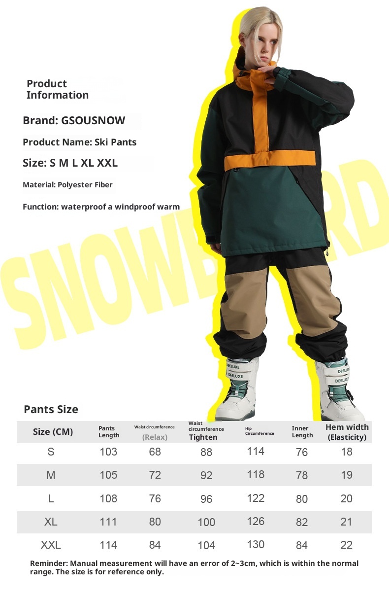 001 Damen-Snowboardhose mit Bündchen, locker geschnitten, wasserdicht, atmungsaktiv, warm, farblich abgesetzt, Arbeitshose, Schneehose für Herren, Outdoor-Skibekleidung_voghion.com