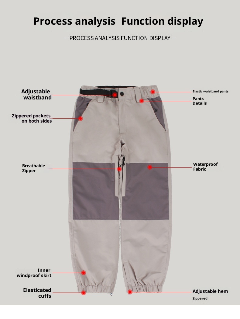 001 Damen-Snowboardhose mit Bündchen, locker geschnitten, wasserdicht, atmungsaktiv, warm, farblich abgesetzt, Arbeitshose, Schneehose für Herren, Outdoor-Skibekleidung_voghion.com