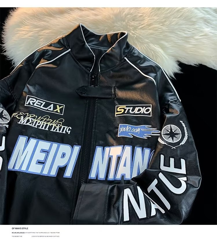 QFV507045555501<2 Veste bomber rétro américaine tendance en cuir PU pour homme, style baseball, printemps-automne._voghion.com