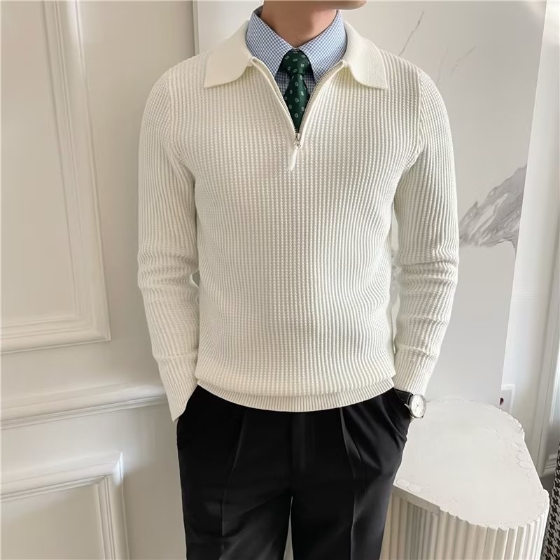 1 Design Sense Turn-down Collar Knitted Men Polo Half Zipper 22 Autumn Winter New Korean Version Loose Heavyweight Sweater_voghion.com