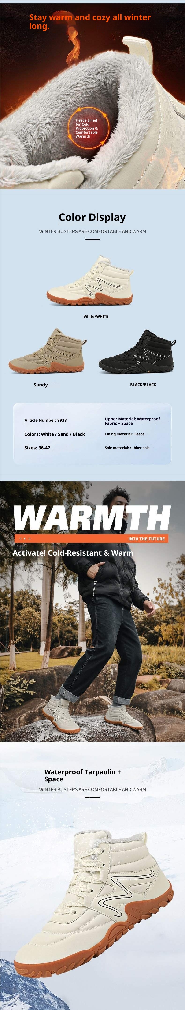 ShoeGlobe Men's Martin Boots High Top Autumn Winter New Waterproof Outdoor Work Non-Slip Hiking Couple Style Fleece-Lined Cotton_voghion.com