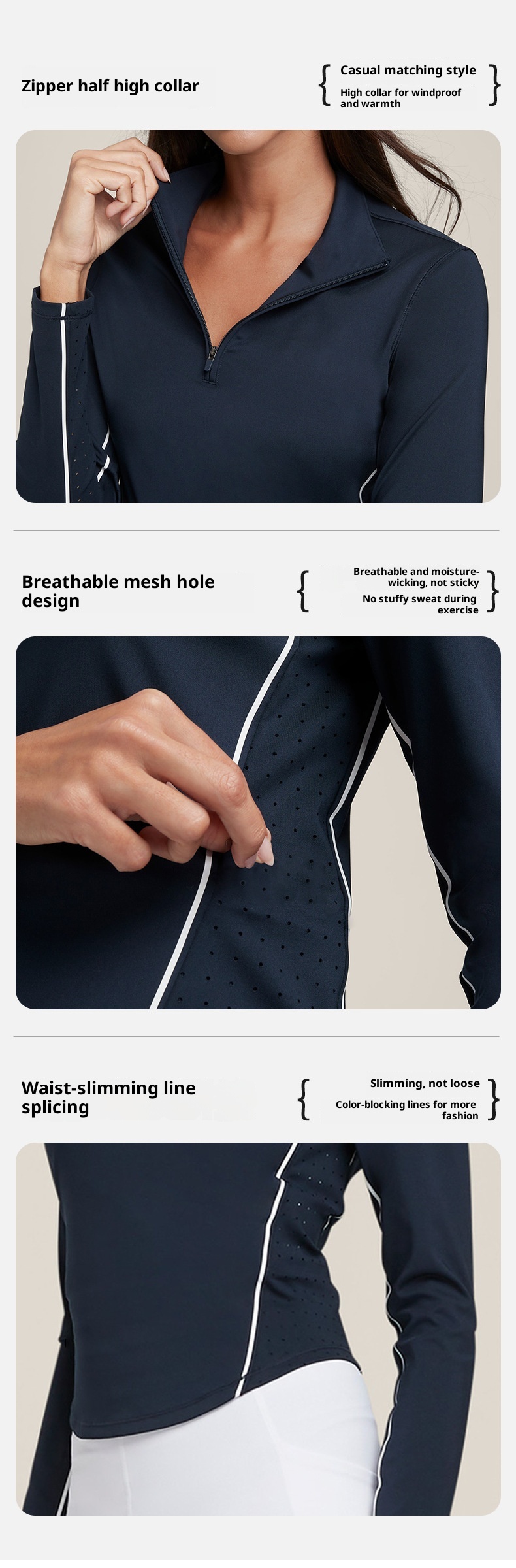 ActiveGo ActiveGo Nuovo stile europeo e americano per yoga da donna, top a maniche lunghe con mezza zip, aderente, ad asciugatura rapida, per la corsa all'aperto_voghion.com