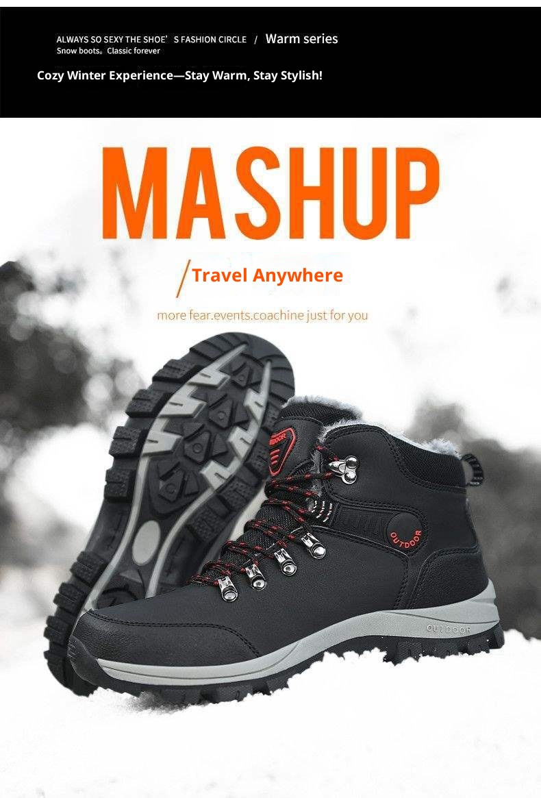 ShoeGlobe Winter Cotton Shoes With Fleece Lining, Warm Hiking Shoes, Men's Outdoor Waterproof Thickened High-top Non-slip_voghion.com