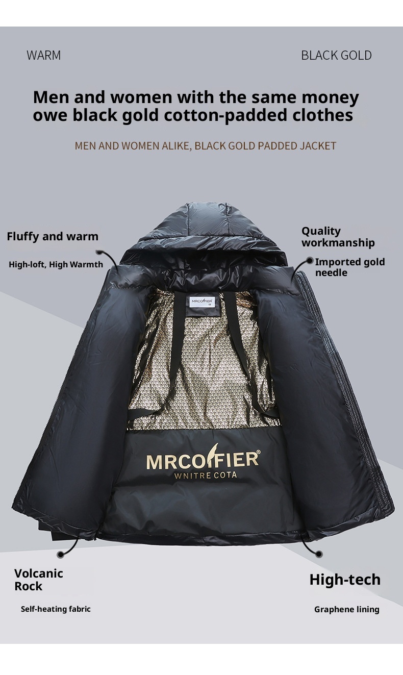 ChicShe Hochwertige schwarze Goldjacke für Damen, kurzer Stil, koreanische Version 2025, Kapuze, dickes Winter-Paar-Outfit_voghion.com