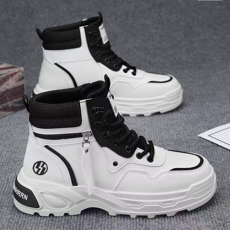 ShoeGlobe High-top Men's Autumn Casual Hiking Sports Non-slip Work Shoes Leather Waterproof Thick Sole Height-increasing White_voghion.com
