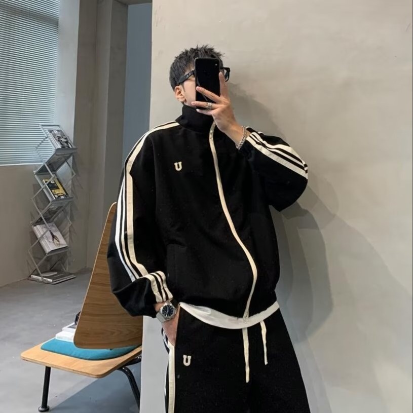 001 2024 Giacca casual invernale da uomo, stile coreano, alla moda, con colletto alla coreana, stile due pezzi, stile sportivo per studenti_voghion.com