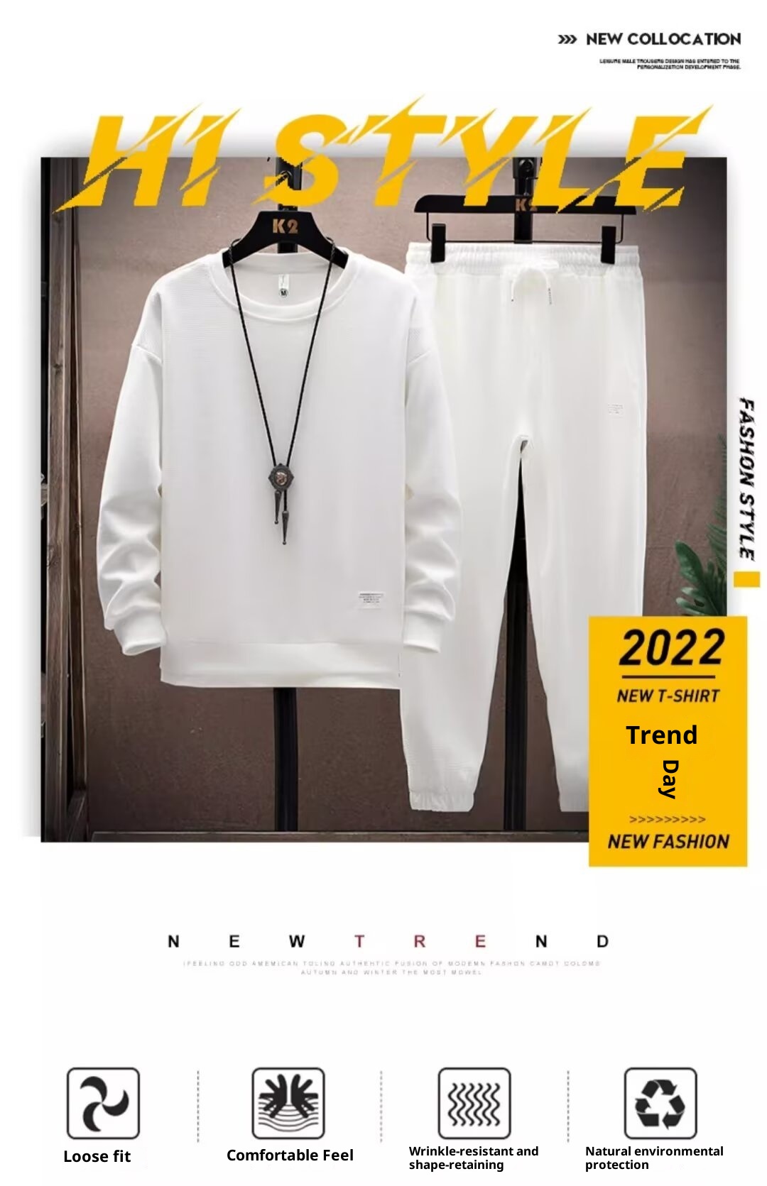 001 Casual Sports Suit For Men Spring And Autumn Round Neck Sleeve T-Shirt With Long Pants Youth Trendy Cool Full Set_voghion.com