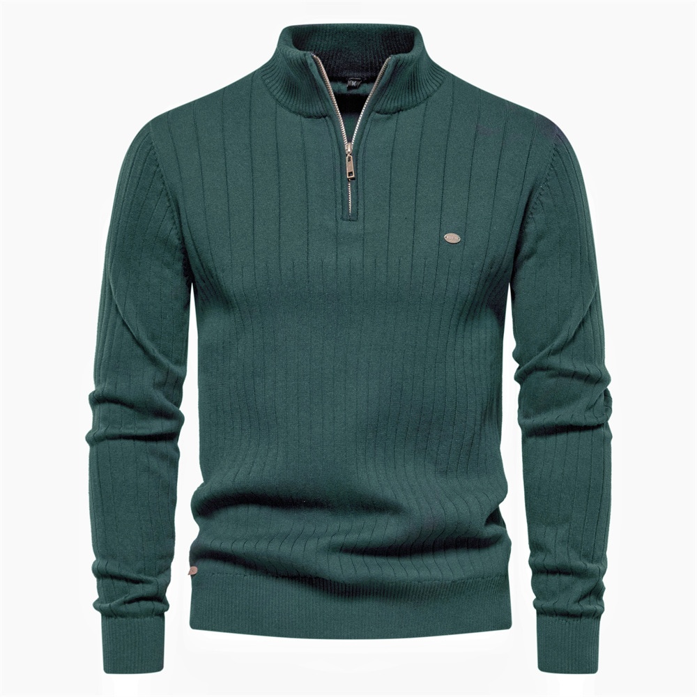 1 Autumn Winter New European Size Cross-Border Stand Collar Men's Half-Zip Solid Color Knitted High-Quality Export Sweater_voghion.com