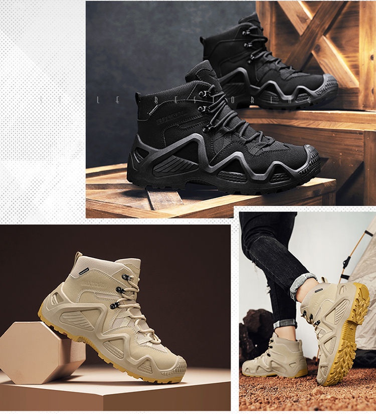 ShoeGlobe Outdoor Mid-Top Waterproof Hiking Sports Versatile Men's Combat Desert Boots Breathable Non-Slip Wear-Resistant_voghion.com