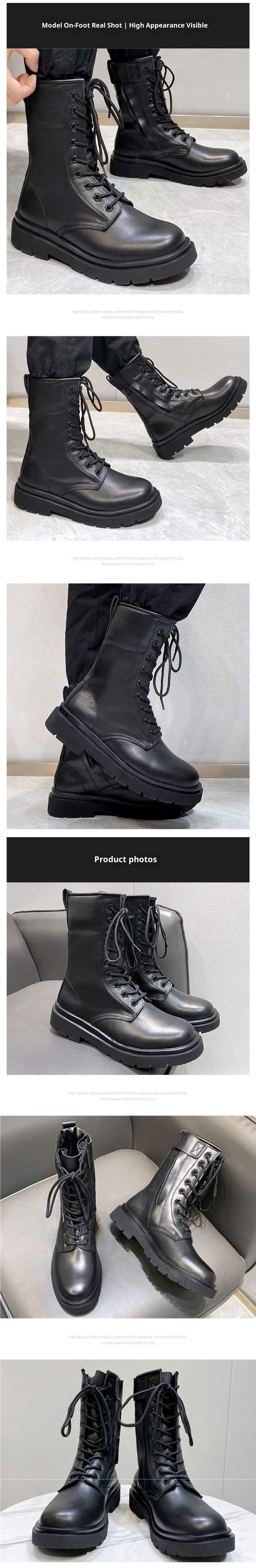 Chaussures montantes de randonnée en cuir ShoeGlobe pour hommes, style Martin, imperméables et noires, avec fermeture éclair, style Martin. Bottes de travail et de neige pour hommes._voghion.com