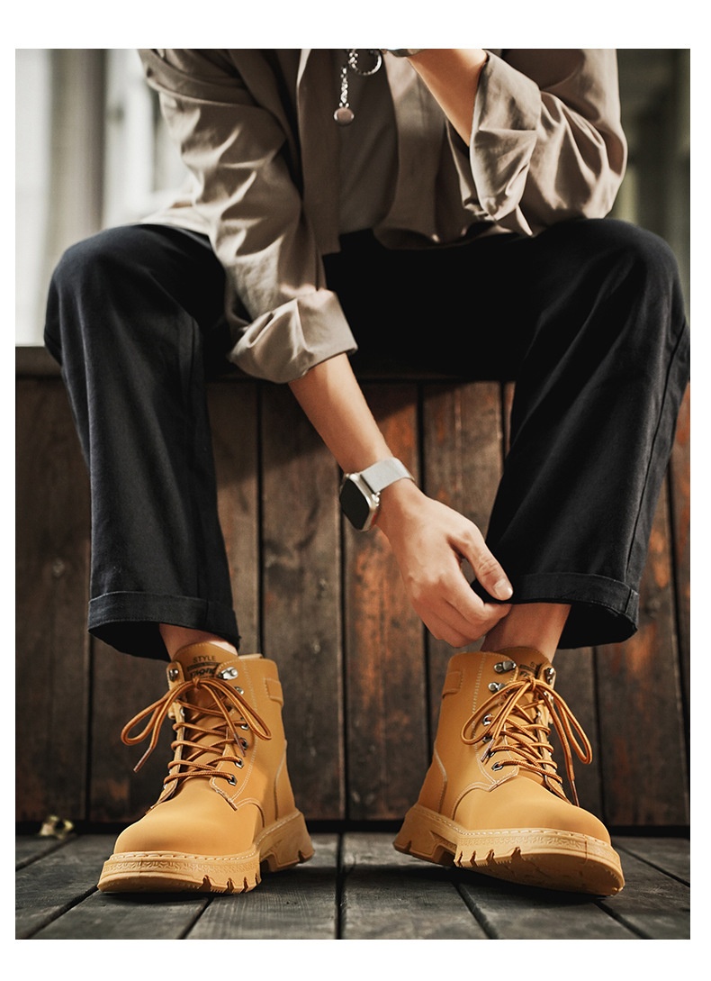 ShoeGlobe Herren Herbst/Winter Neue Mode Outdoor High-Top Martin Jugend Trend Dicksohle Gelbe Wanderschuhe Arbeitsschuhe_voghion.com