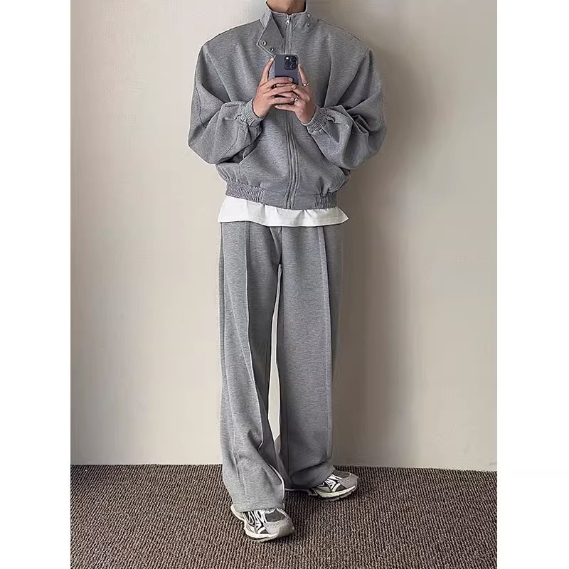 001 Felpa con collo alto, imbottita, stile casual, ampia, stile coreano, 2024, autunno, due pezzi, sportiva, tinta unita, alla moda_voghion.com