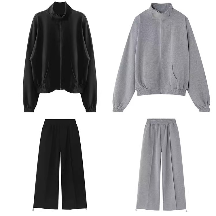 001 Felpa con collo alto, imbottita, stile casual, ampia, stile coreano, 2024, autunno, due pezzi, sportiva, tinta unita, alla moda_voghion.com