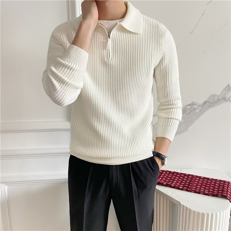 1 Design Sense Turn-down Collar Knitted Men Polo Half Zipper 22 Autumn Winter New Korean Version Loose Heavyweight Sweater_voghion.com