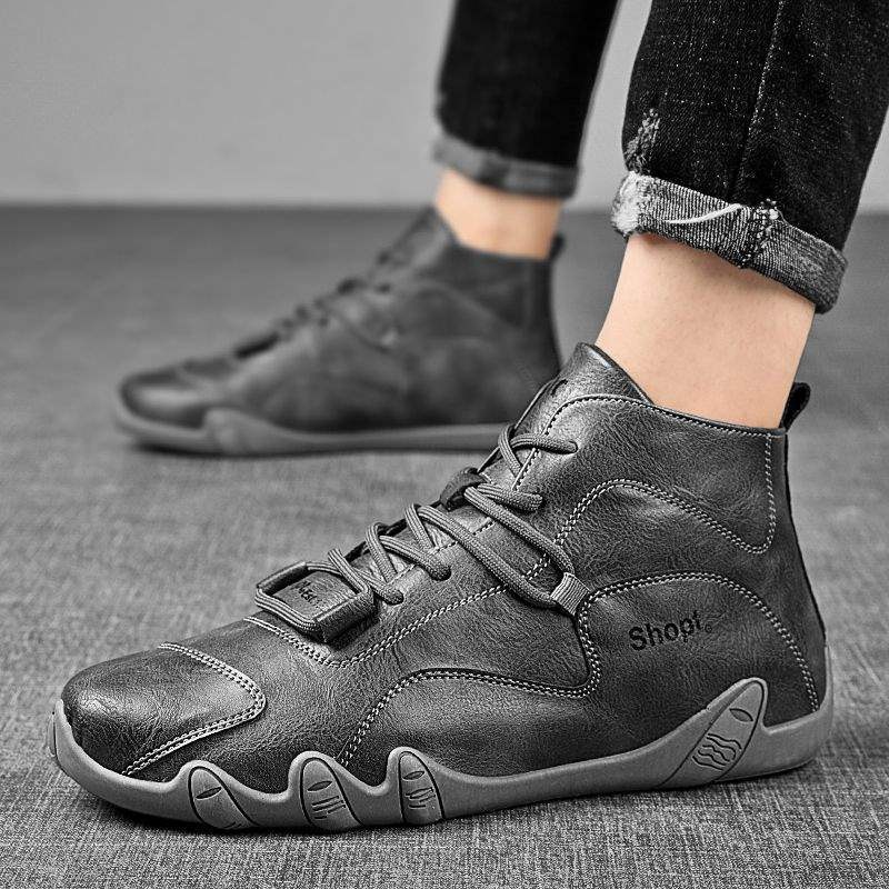 ShoeGlobe Men's Autumn Winter High-top Outdoor Hiking Waterproof Non-slip Leather Work Safety Martin Boots Trendy Fleece-lined_voghion.com