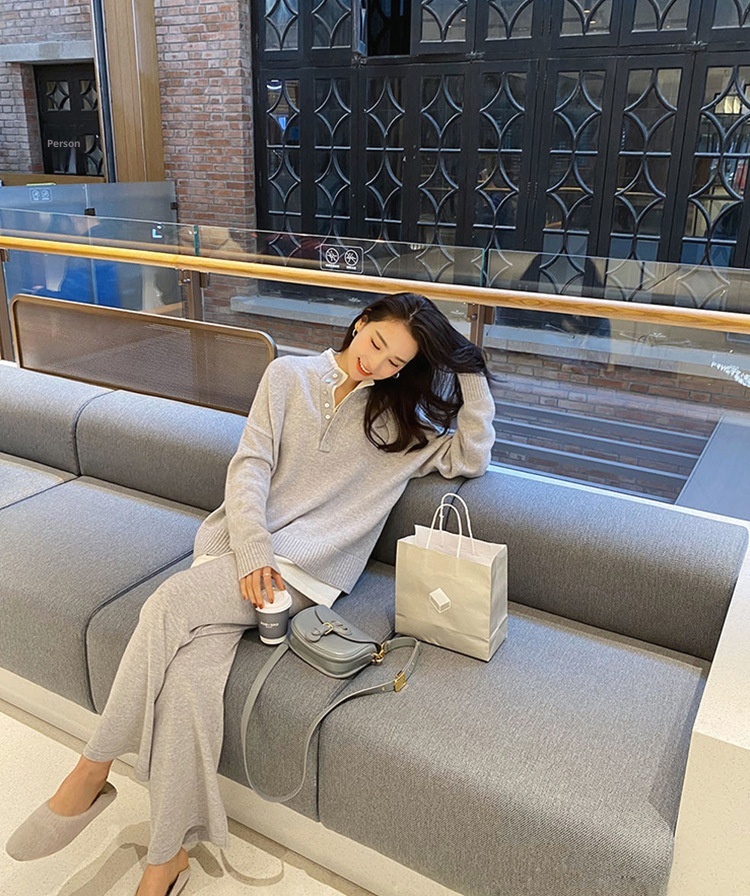 Ensemble deux pièces automne-hiver 001 : pull ample décontracté style européen pour femme, pantalon large et coupe sportive._voghion.com