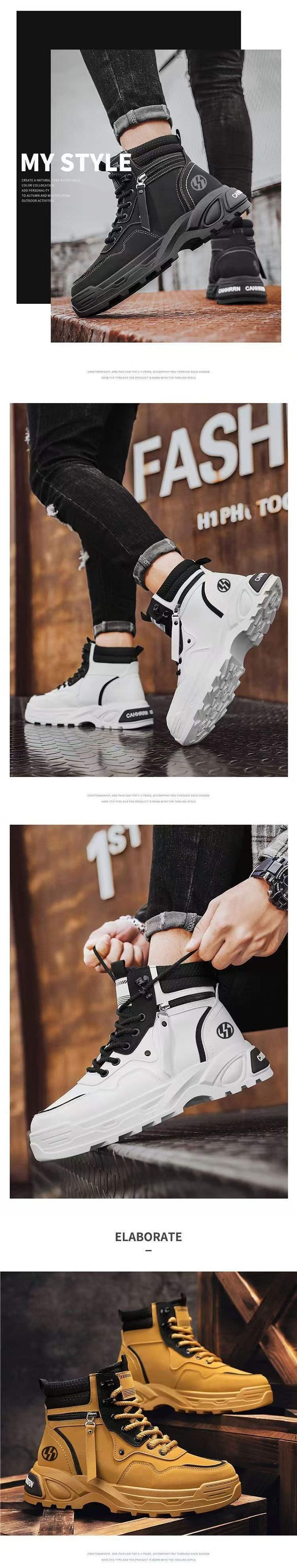 ShoeGlobe High-top Men's Autumn Casual Hiking Sports Non-slip Work Shoes Leather Waterproof Thick Sole Height-increasing White_voghion.com