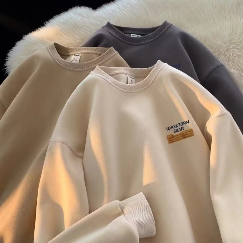 boy Boy 2024 American Style Cool Retro Heavyweight Crew Neck Sweatshirt For Men Autumn Winter Fleece Loose Trendy Brand Handsome_voghion.com