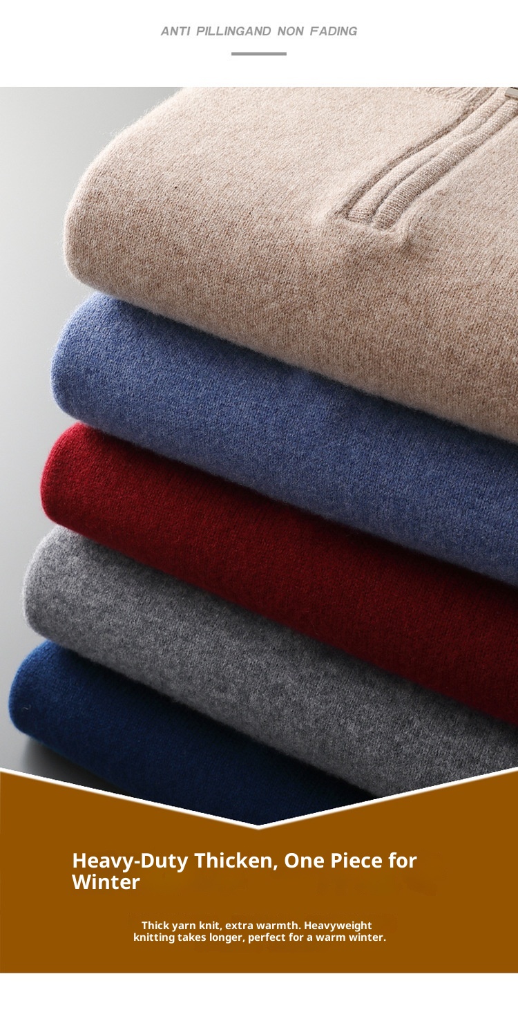 1 100% Wool Sweater For Men, Half Turtleneck, Zipper, Thickened Base Sweater, Autumn Winter Business Casual Solid Color_voghion.com