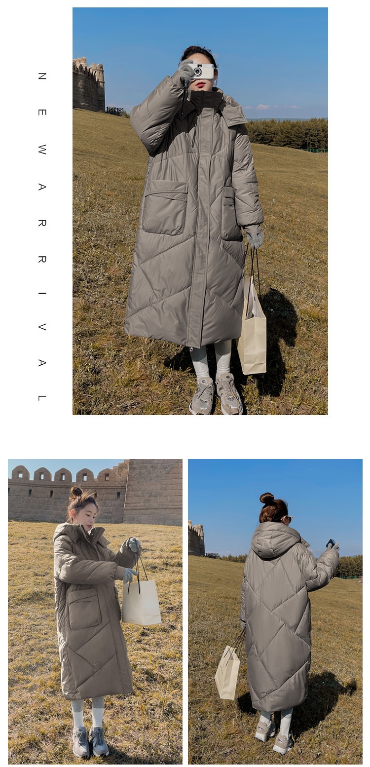 ChicShe Winter 2024 Neue Mode Lockere Plus Size Kapuzen-Daunenjacke aus Baumwolle für Damen, mittellang, knielang, dick gefüttert_voghion.com