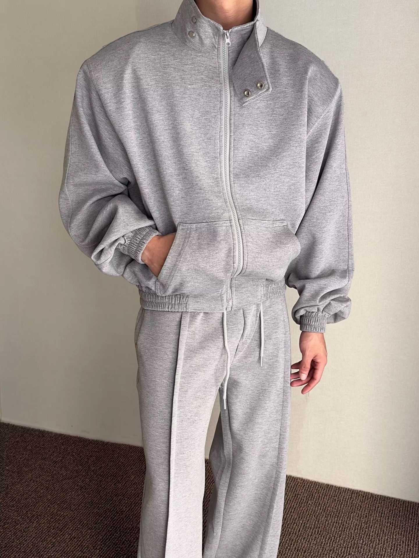 001 Felpa con collo alto, imbottita, stile casual, ampia, stile coreano, 2024, autunno, due pezzi, sportiva, tinta unita, alla moda_voghion.com