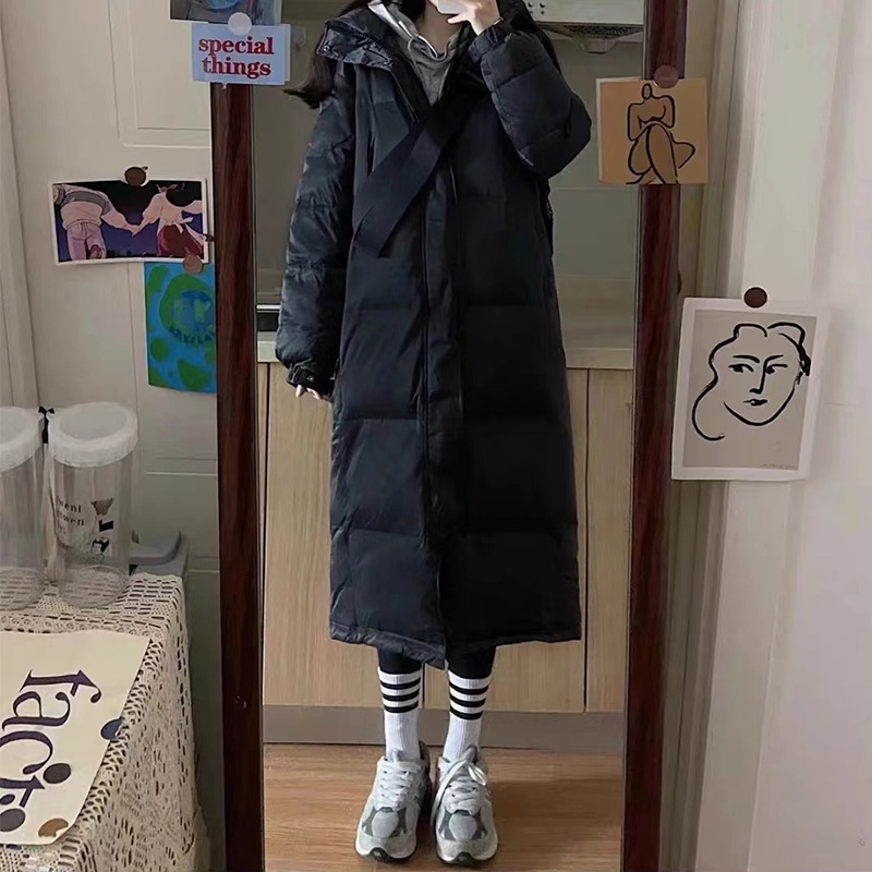 Doudoune ChicShe Zhongxi noire pour femme, extra longue, au-dessus du genou, épaisse, coupe ample, capuche amovible, nouveau modèle 2024._voghion.com