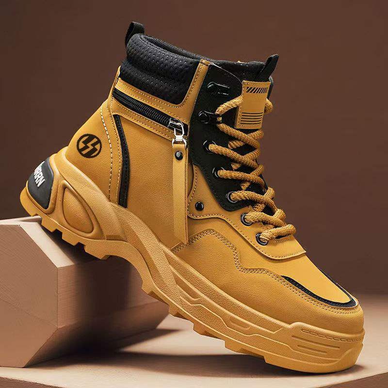 ShoeGlobe High-top Men's Autumn Casual Hiking Sports Non-slip Work Shoes Leather Waterproof Thick Sole Height-increasing White_voghion.com