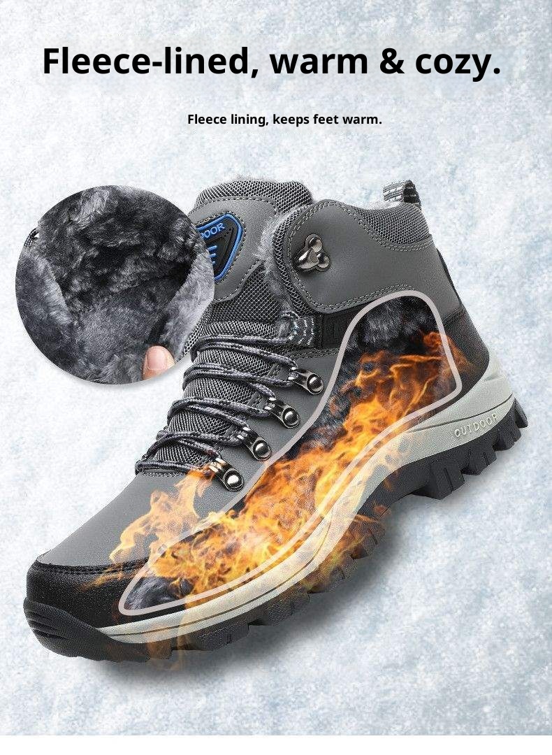 ShoeGlobe Winter Cotton Shoes With Fleece Lining, Warm Hiking Shoes, Men's Outdoor Waterproof Thickened High-top Non-slip_voghion.com