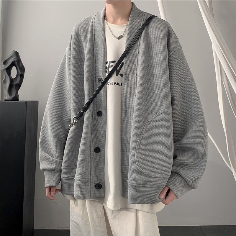 Jungen-Cardigan für Frühling und Herbst, schwere Ausführung, V-Ausschnitt, Waffelpiqué, locker geschnitten, trendige Marke, vielseitiger amerikanischer Stil_voghion.com