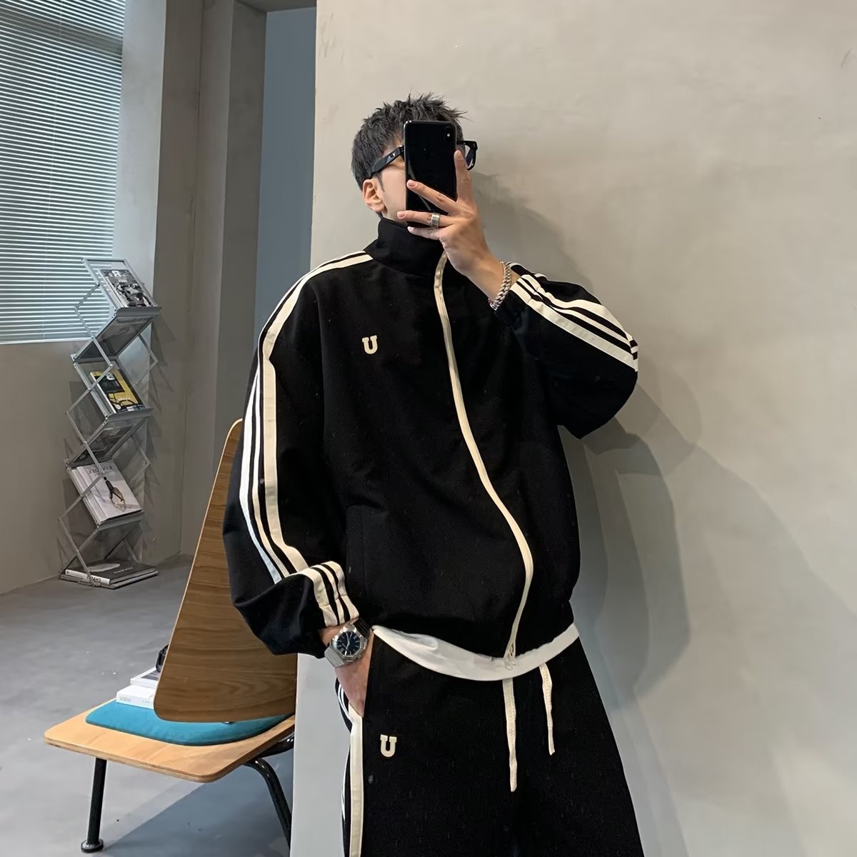 001 2024 Giacca casual invernale da uomo, stile coreano, alla moda, con colletto alla coreana, stile due pezzi, stile sportivo per studenti_voghion.com