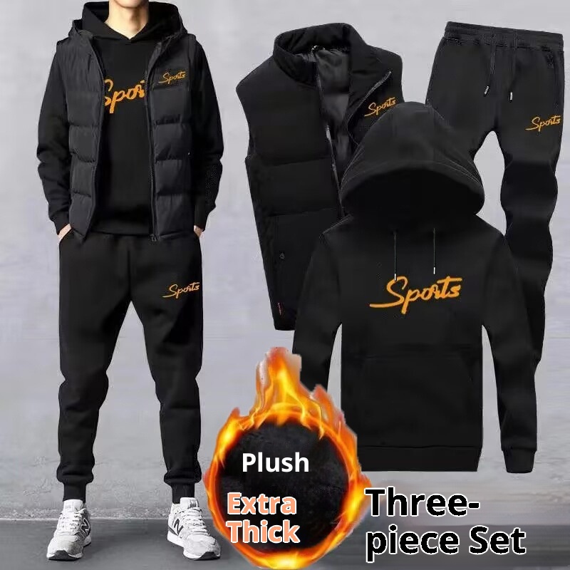 001 Gilet invernale da uomo, tre pezzi, felpa con cappuccio spessa in pile, stile coreano, elegante, casual, sportivo, per giovani_voghion.com