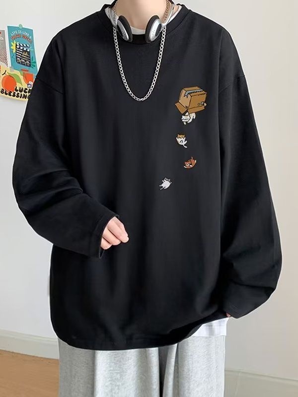 boy Boy Printed Versatile Long Sleeve T-Shirt For Men 2024 Spring And Autumn Trendy Brand Loose Fit Youth Casual Base Shirt Tee_voghion.com