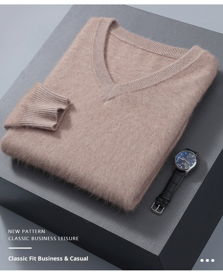 1 2023 Autumn Winter New Mink Men's V-Neck Loose Solid Color Pullover Wool Base Knitwear Cashmere Sweater_voghion.com