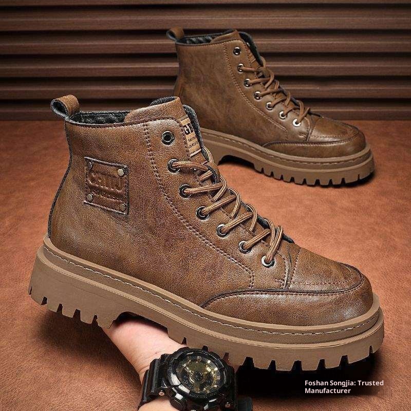 ShoeGlobe Martin Autumn Wasserdichte Mid-Top-Sportschuhe aus Leder für Herren, Retro-Stil, britische Outdoor-Wander- und Arbeitsstiefel_voghion.com