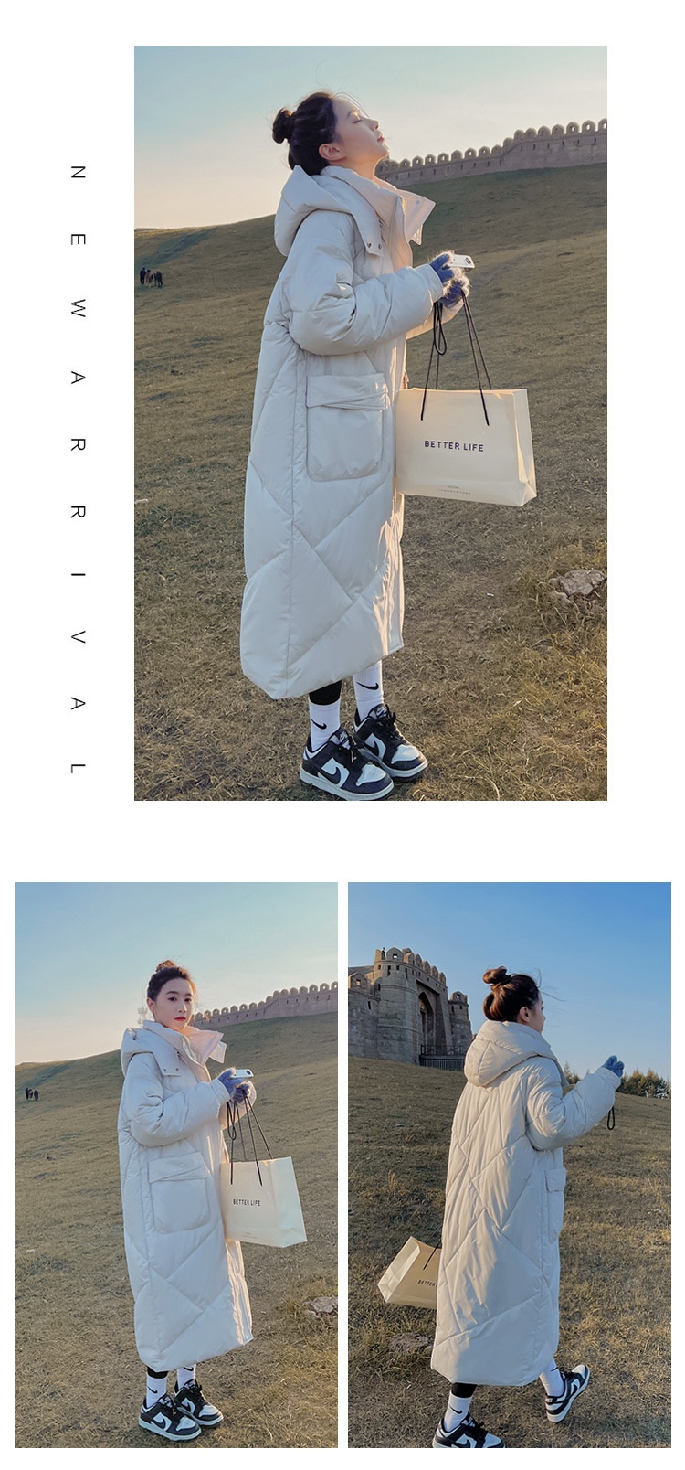 ChicShe Winter 2024 Neue Mode Lockere Plus Size Kapuzen-Daunenjacke aus Baumwolle für Damen, mittellang, knielang, dick gefüttert_voghion.com