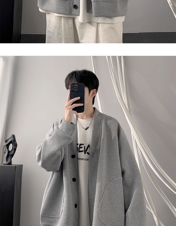 Jungen-Cardigan für Frühling und Herbst, schwere Ausführung, V-Ausschnitt, Waffelpiqué, locker geschnitten, trendige Marke, vielseitiger amerikanischer Stil_voghion.com