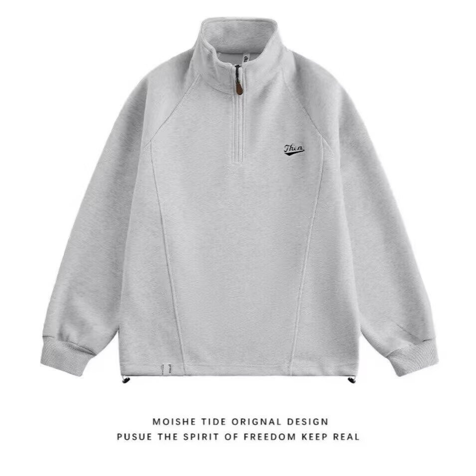 boy Boy Youth Heavy Loose Casual Sweatshirt American Style Trendy Oversize Embroidered Stand Collar Half-Zip Sports Top_voghion.com